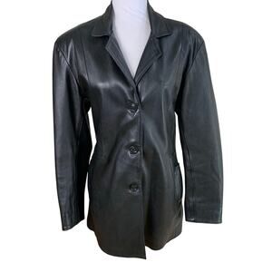 San Piel Leather House Size L Genuine Leather Blazer Jacket Black Button Front